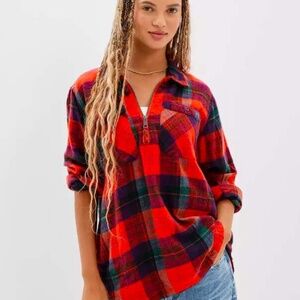 American Eagle Oversized Quarter Zip Flannel Shirt